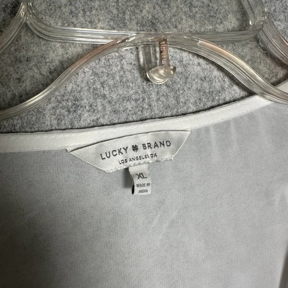 Lucky Brand XL Womens Top Sheer Embroidered Vneck White Floral Boho Cottage - Picture 2 of 16